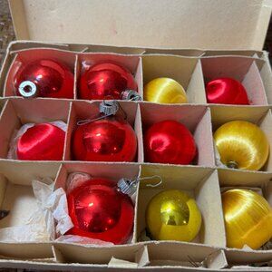 Vintage Christmas Ornaments Red & Gold Glass  Balls And Silk Wraped